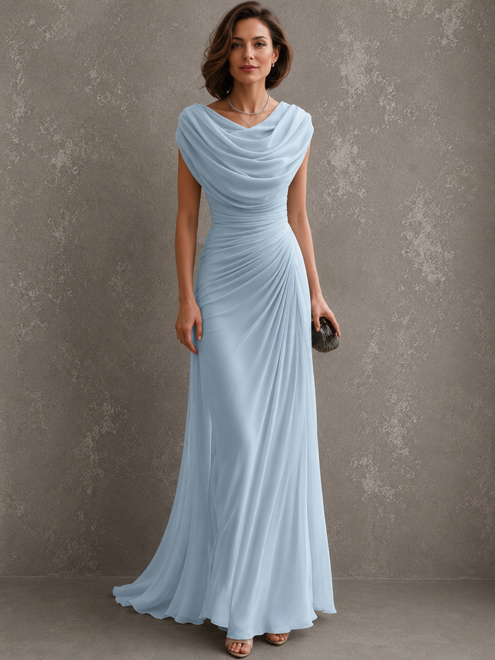 Woman wearing sleeveless draped maxi dress in full length