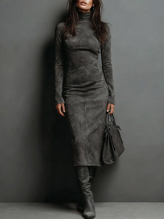 Woman wearing a turtleneck bodycon midi dress