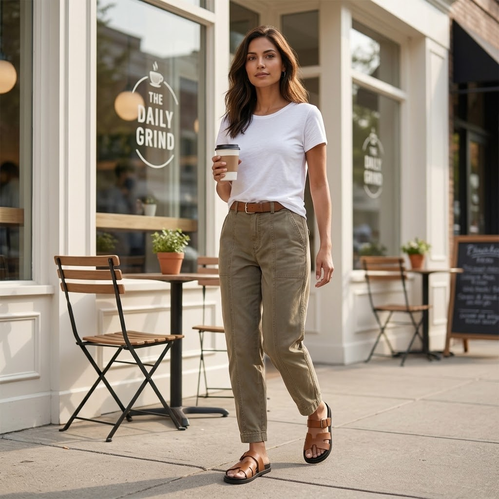 Woman wearing high waist utility pants with pockets
