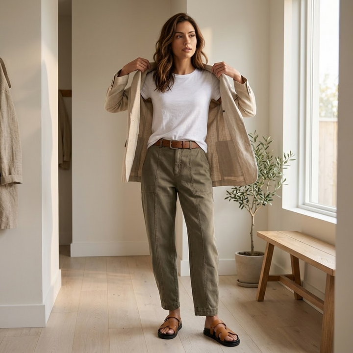 Woman wearing high waist utility pants with pockets