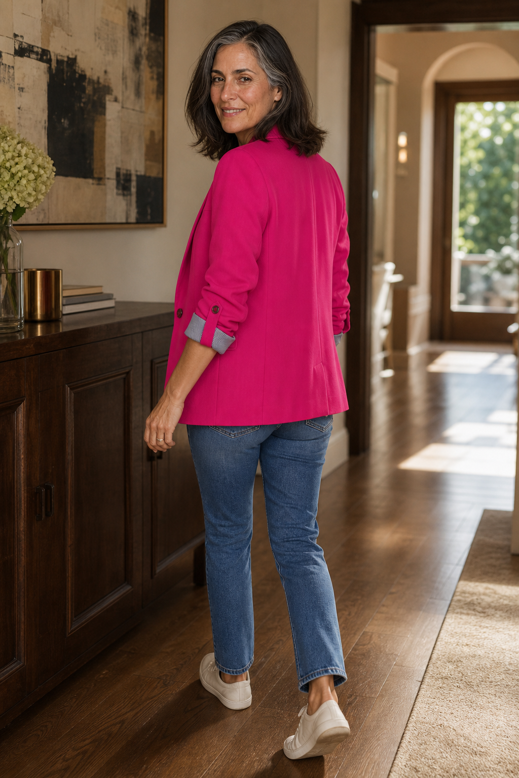 Woman wearing structured lapel blazer cardigan in fall outfit