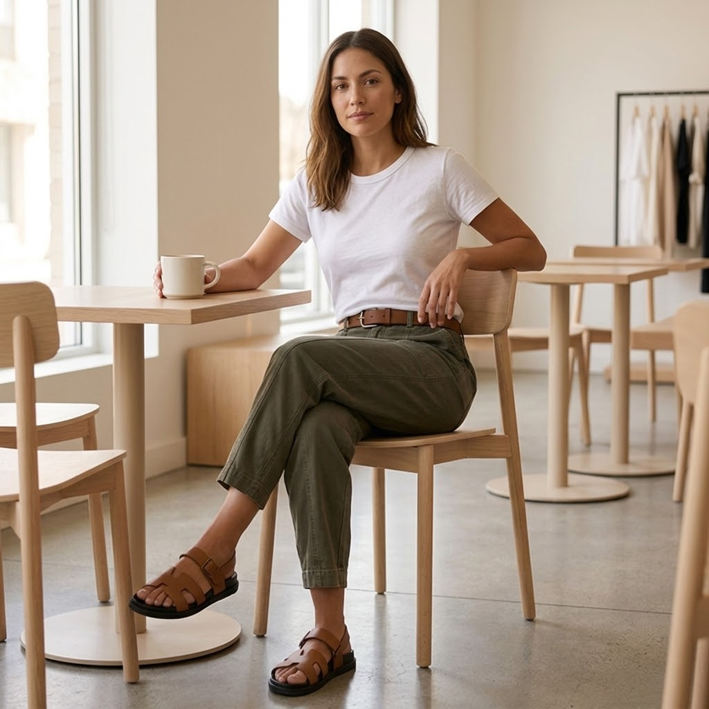 Woman wearing high waist utility pants with pockets