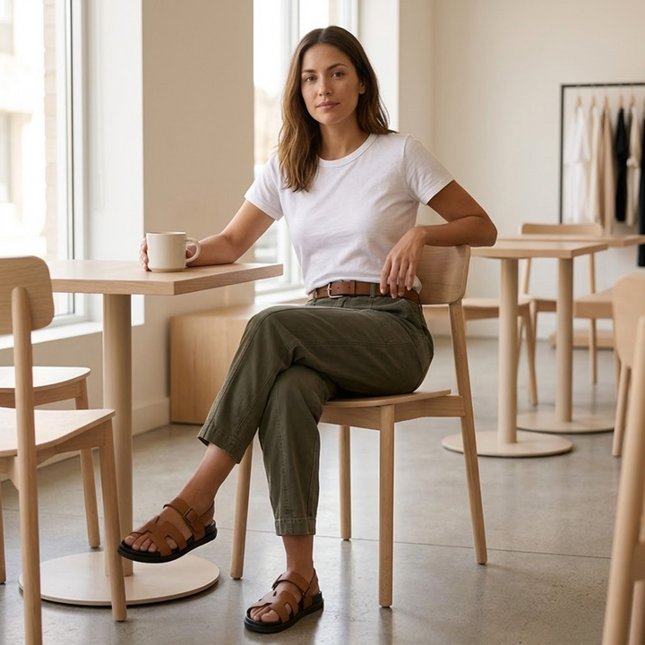 Woman wearing high waist utility pants with pockets