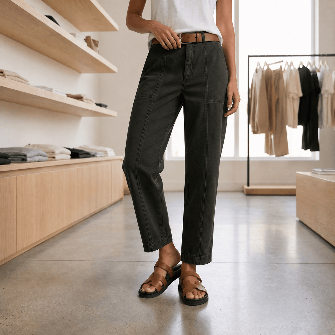 Woman wearing high waist utility pants with pockets