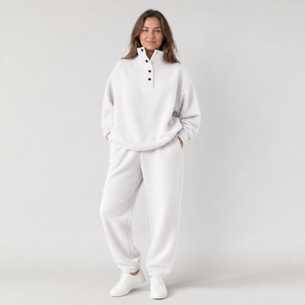 Woman wearing oversized snap collar pullover and sweatpants set – white, Worn by a model