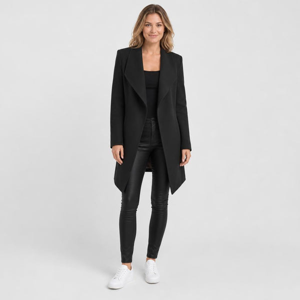 Alice | Women's Wool Open Front Longline Coat with Waterfall Lapel and Long Sleeves