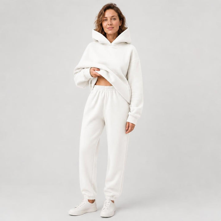 Woman wearing matching hooded knit tracksuit set – white, Worn by model