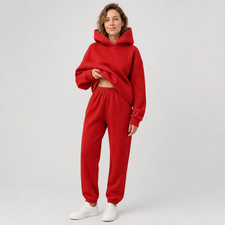 Woman wearing matching hooded knit tracksuit set – red, Worn by model