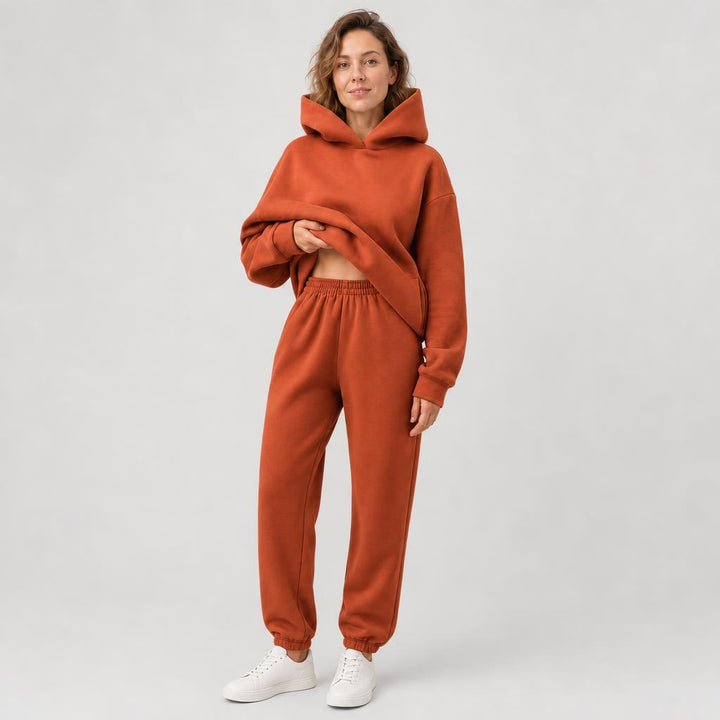 Woman wearing matching hooded knit tracksuit set – rust, Worn by model
