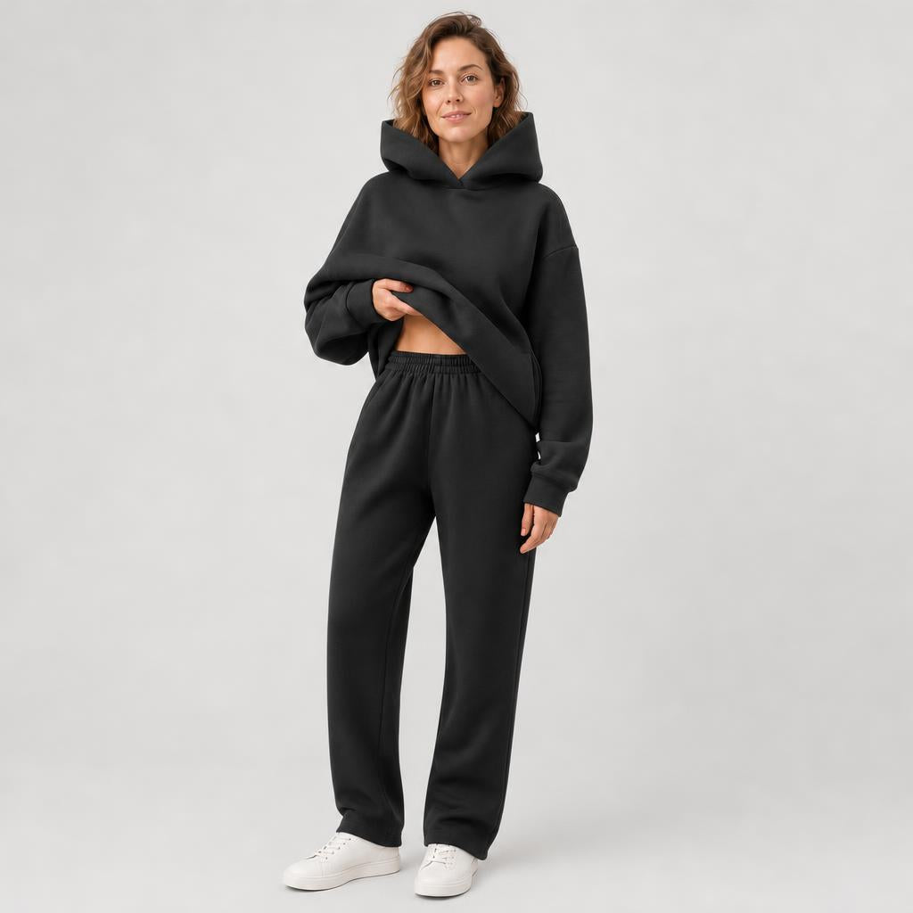 Woman wearing matching hooded knit tracksuit set – black, Worn by model