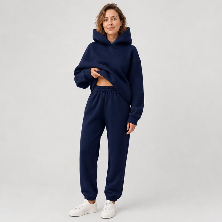 Woman wearing matching hooded knit tracksuit set – navy blue, Worn by model