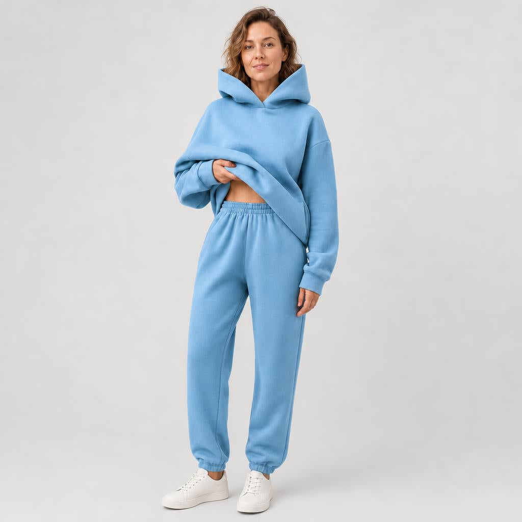 Woman wearing matching hooded knit tracksuit set – blue, Worn by model