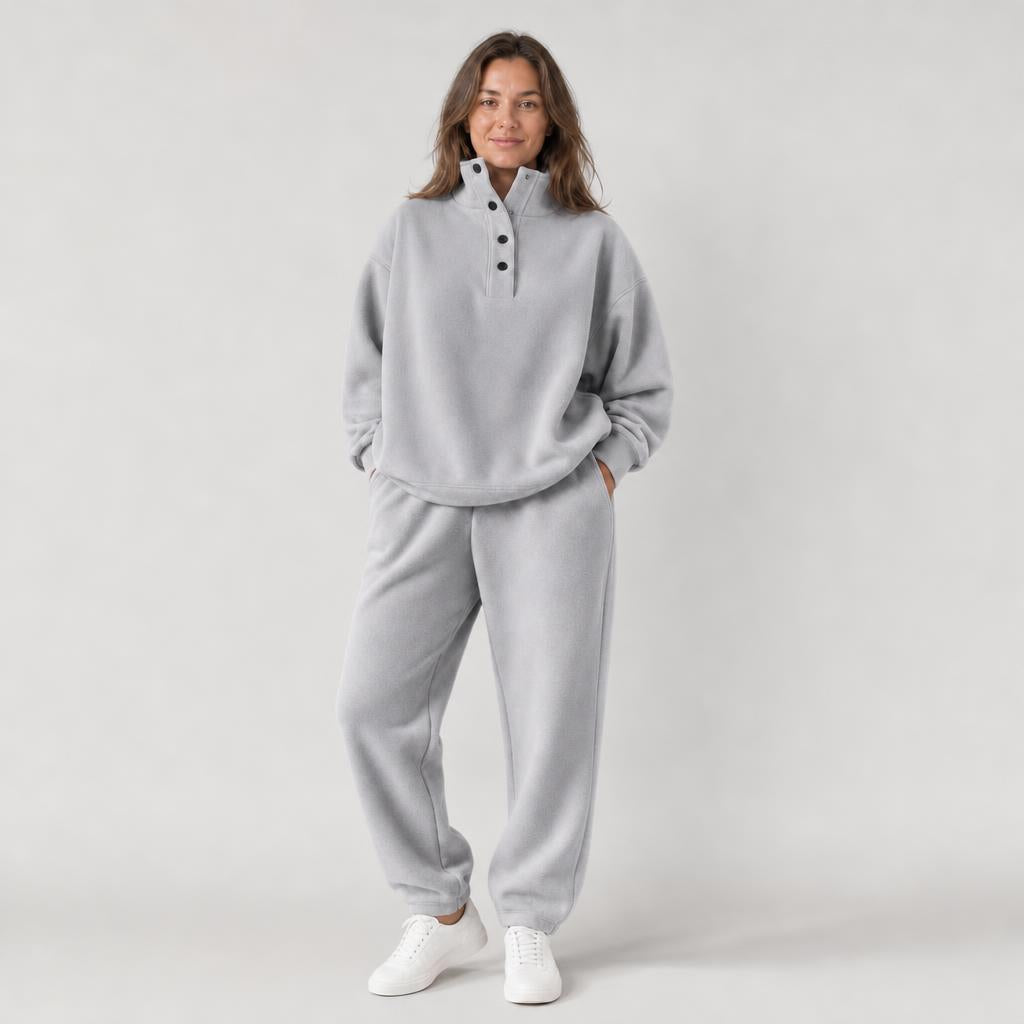 Woman wearing oversized snap collar pullover and sweatpants set – gray, Worn by a model