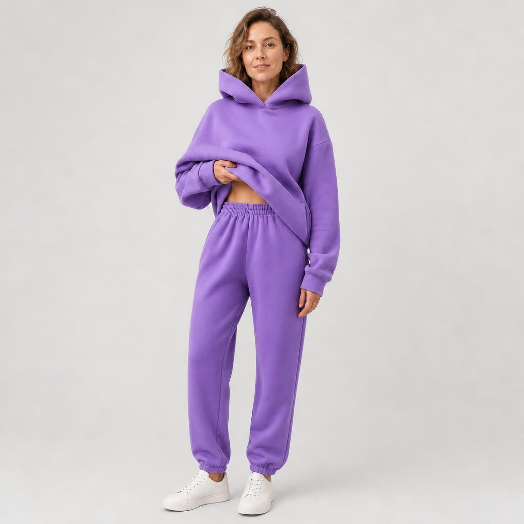 Woman wearing matching hooded knit tracksuit set – purple, Worn by model