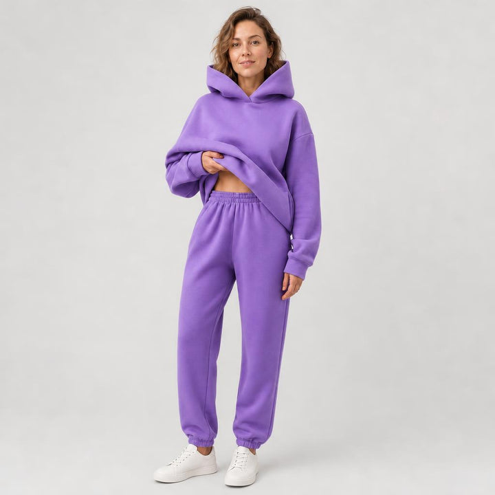 Woman wearing matching hooded knit tracksuit set – purple, Worn by model