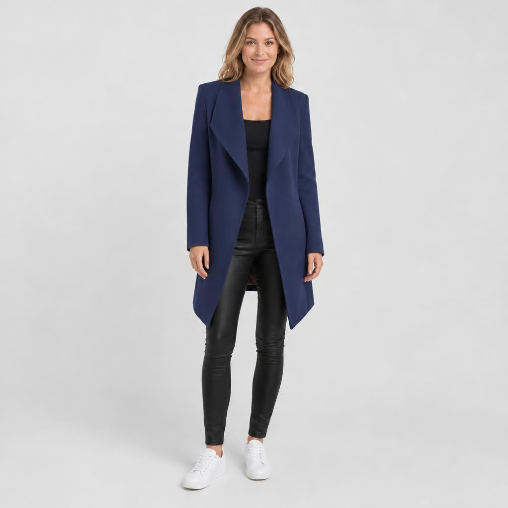 Woman wearing long open front wool coat with waterfall lapel – navy, Worn by model