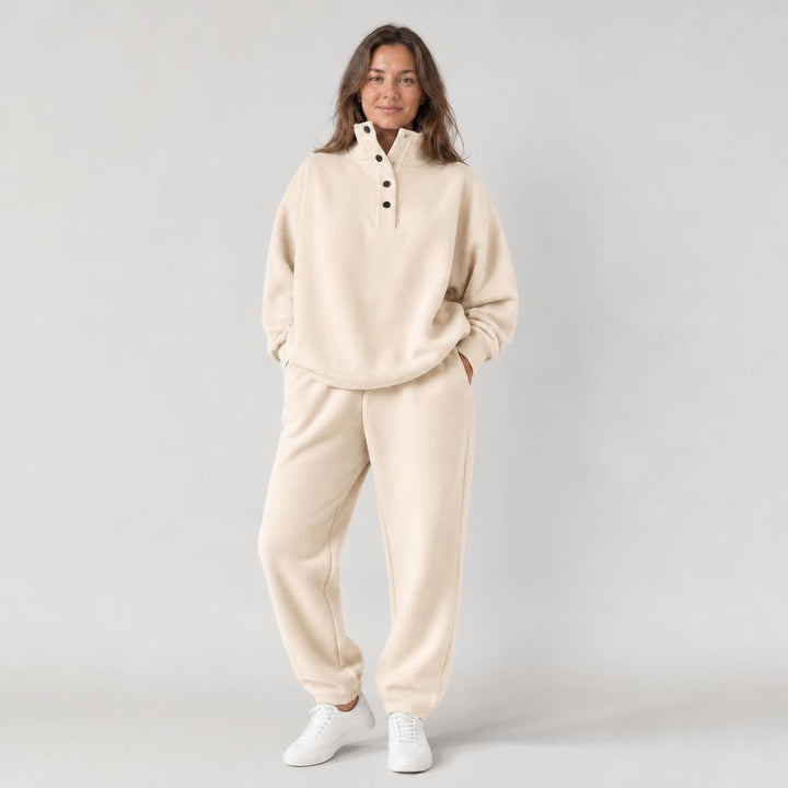 Woman wearing oversized snap collar pullover and sweatpants set – beige, Worn by a model