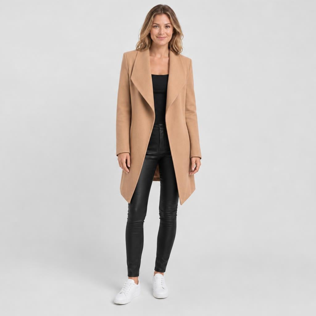 Woman wearing long open front wool coat with waterfall lapel – khaki, Worn by model