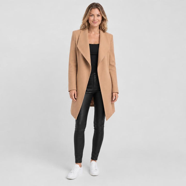 Woman wearing long open front wool coat with waterfall lapel – khaki, Worn by model