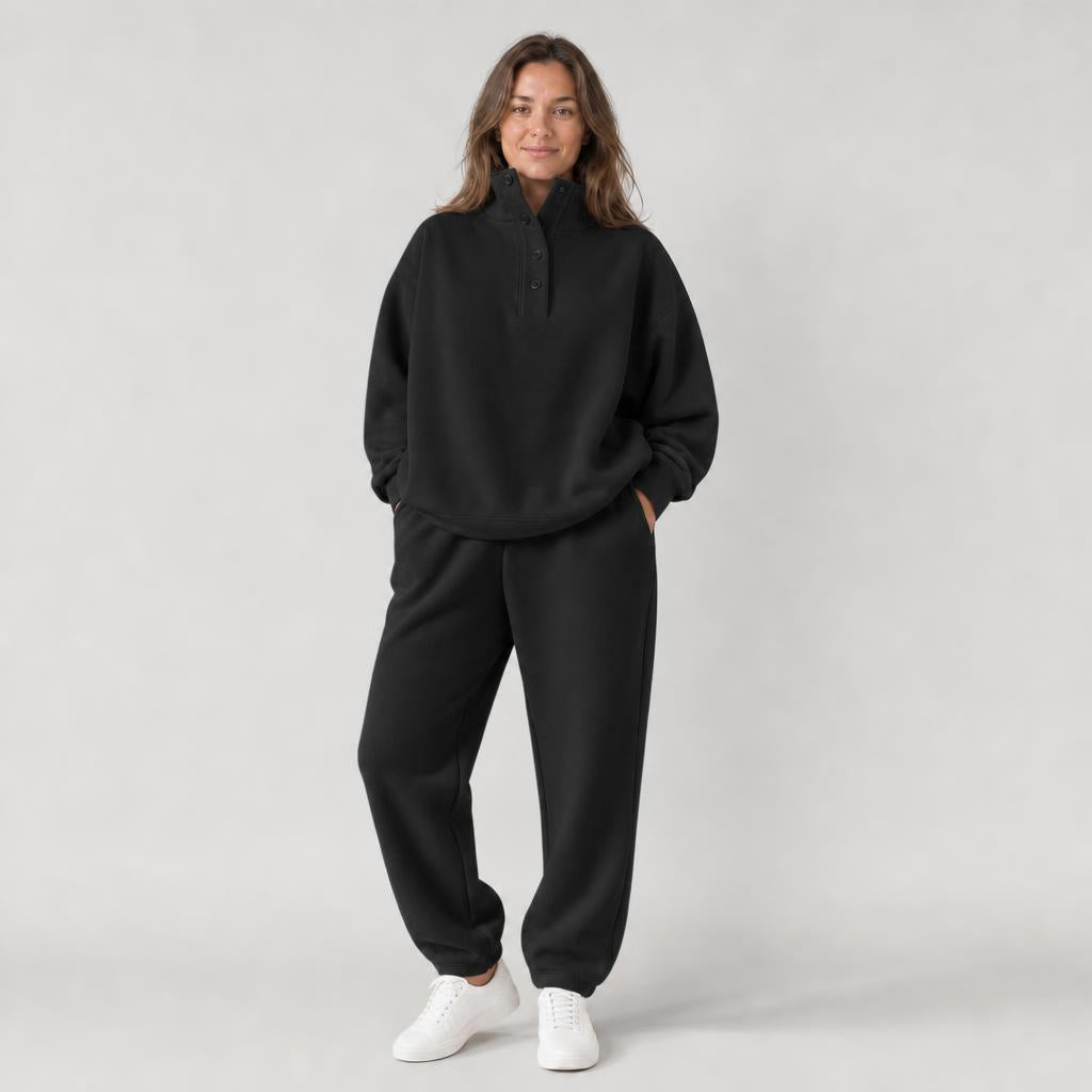 Woman wearing oversized snap collar pullover and sweatpants set – black, Worn by a model