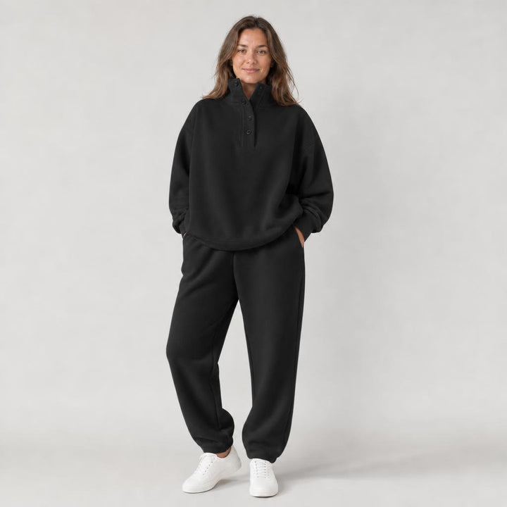 Woman wearing oversized snap collar pullover and sweatpants set – black, Worn by a model