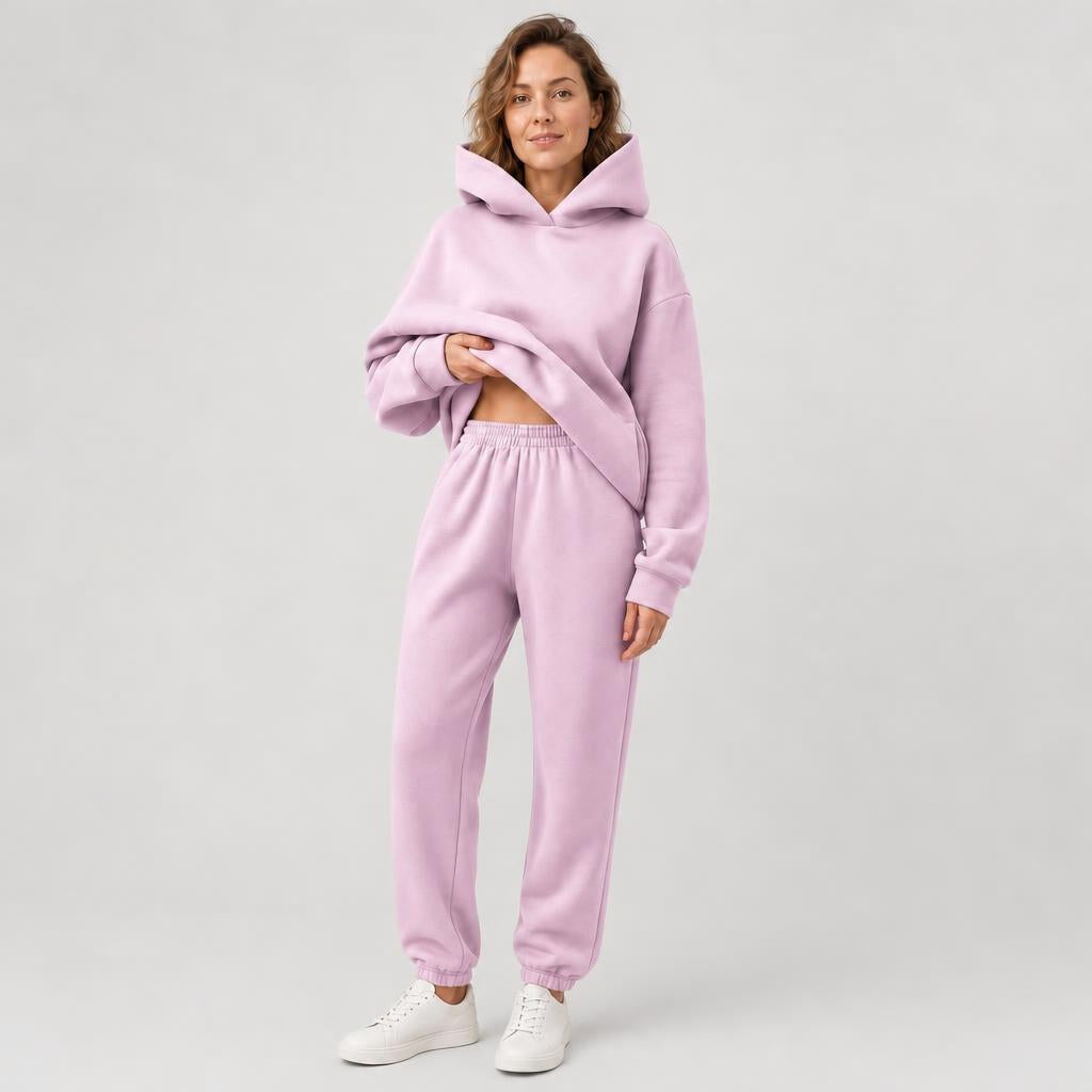 Woman wearing matching hooded knit tracksuit set – pink, Worn by model