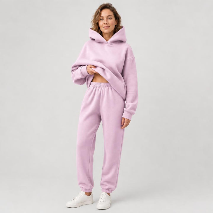 Woman wearing matching hooded knit tracksuit set – pink, Worn by model