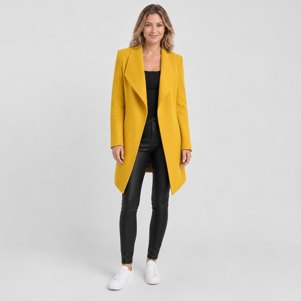 Woman wearing long open front wool coat with waterfall lapel – yellow, Worn by model