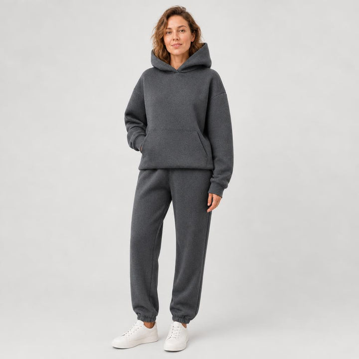Woman wearing matching hooded knit tracksuit set – dark gray, Worn by model