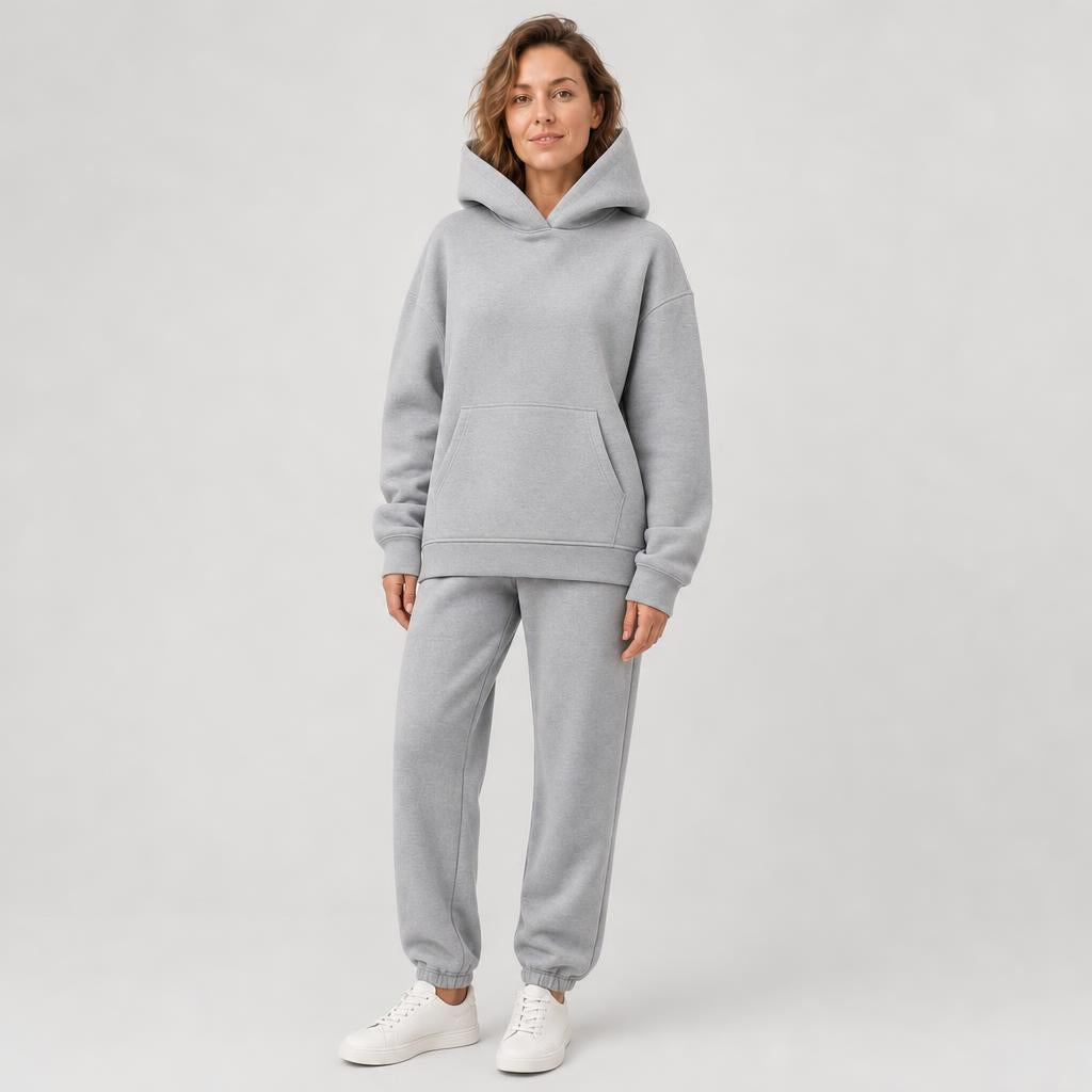 Woman wearing matching hooded knit tracksuit set – light gray, Worn by model