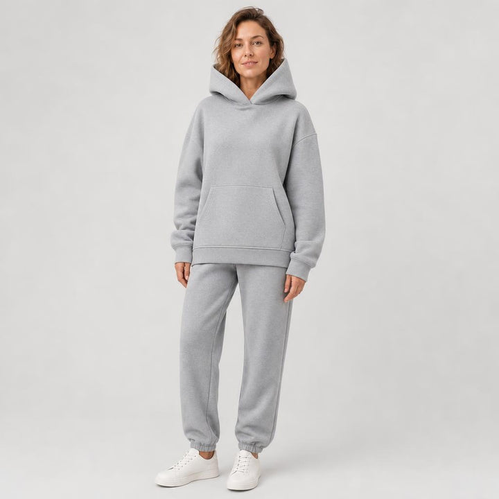 Woman wearing matching hooded knit tracksuit set – light gray, Worn by model