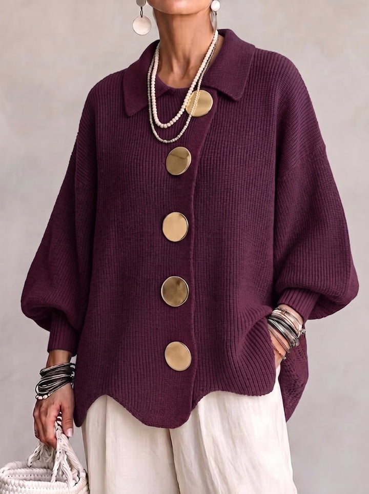 Woman wearing oversized cardigan with lantern sleeves
