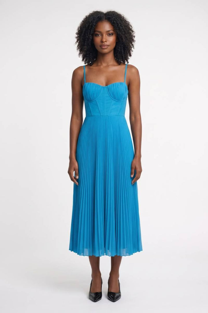 Ava Blue Pleated Midi Dress