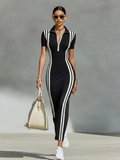 Robe longue moulante Josie à col polo zippé et bandes latérales